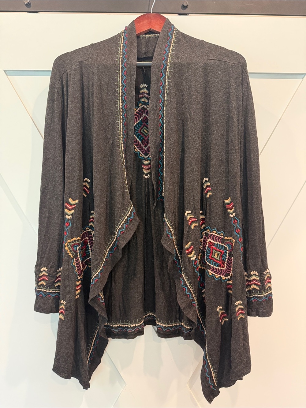 Embroidered Open-Front Jacket Cardigan in Dark Gray